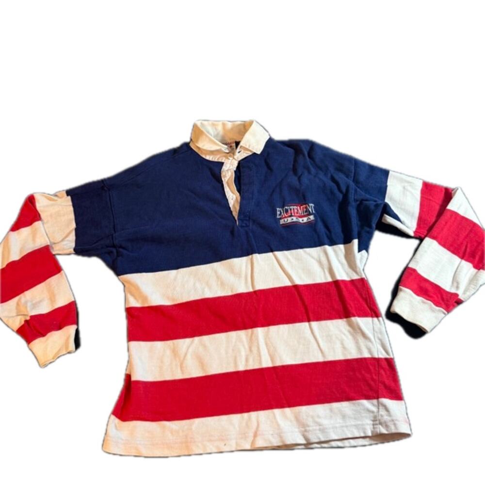 Large Excitement USA Red White Blue Striped Long Sleeve Polo Shirt Vintage USA